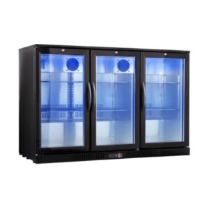 new procool refrigeration 3-door glass front back bar beverage cooler with blue led; 54" wide