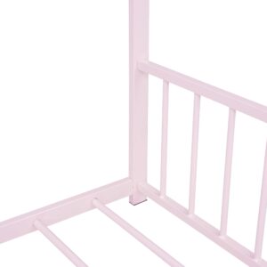 KTATK Metal Full Size House Bed with Roof and Slats Support,Playhouse Design Montessori Floor Bed Frame W/Headboard & Footboard,No Box Spring Needed,for Kids Girls Boys,Pink