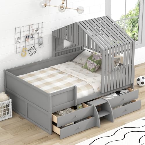 BOVZA Kids Full Size House Low Loft Bed with 4 Storage Drawers, Wood Playhouse Bed with Roof, Stairs and Safety Guardrail, for Kids Boys Girls Teens Bedroom, Gray