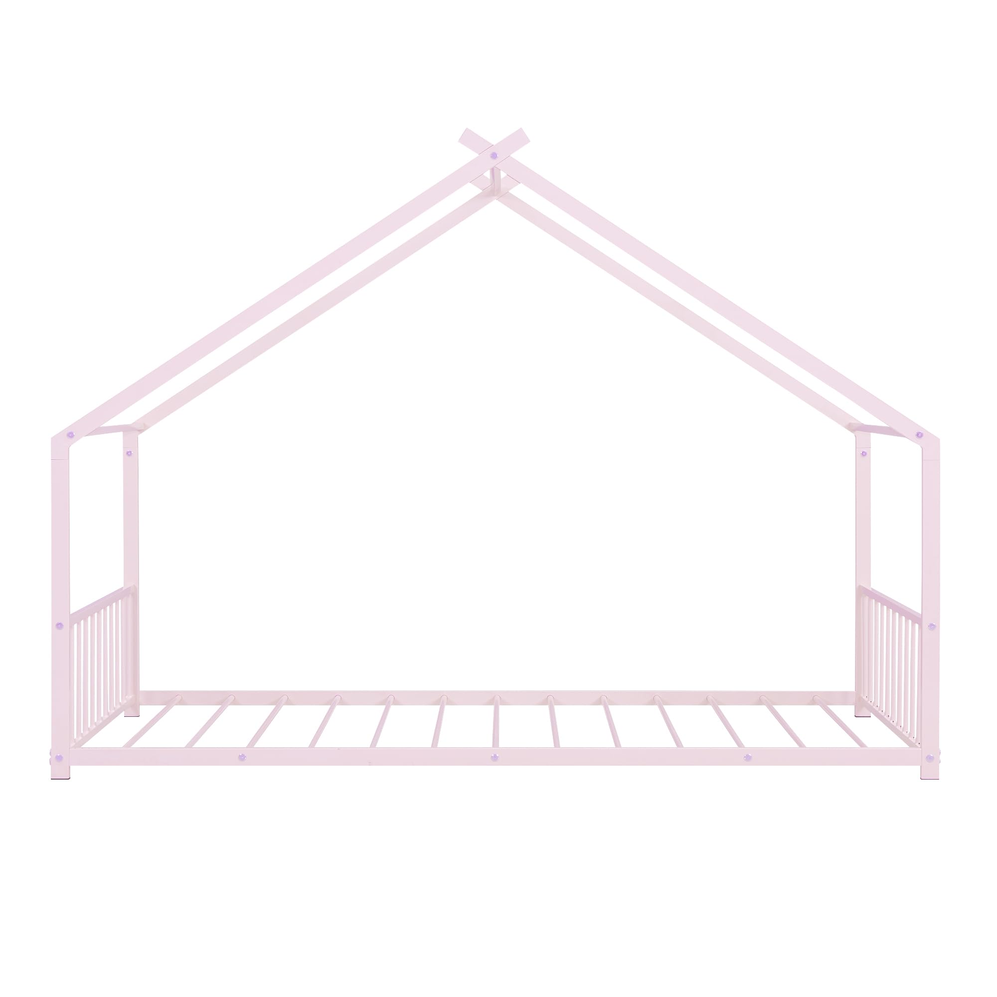 KTATK Metal Twin Size House Bed with Roof and Slats Support,Playhouse Design Montessori Floor Bed Frame W/Headboard & Footboard,No Box Spring Needed,for Kids Girls Boys,Pink