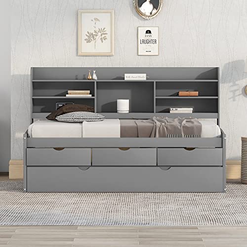 BOVZA Twin Size Captain Bed with 3 Storage Drawers and Trundle, Wood Twin Bed Frame with Built-in Bookshelves for Kids Teens Adults, Light Gray