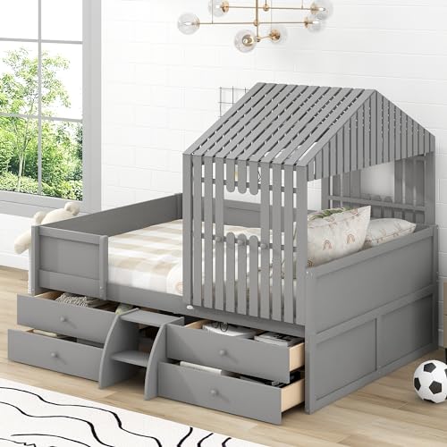 BOVZA Kids Full Size House Low Loft Bed with 4 Storage Drawers, Wood Playhouse Bed with Roof, Stairs and Safety Guardrail, for Kids Boys Girls Teens Bedroom, Gray