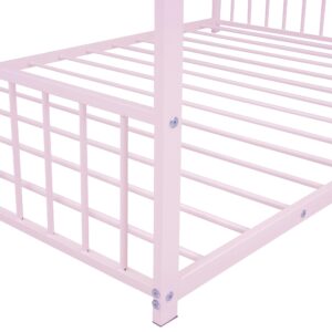 KTATK Metal Full Size House Bed with Roof and Slats Support,Playhouse Design Montessori Floor Bed Frame W/Headboard & Footboard,No Box Spring Needed,for Kids Girls Boys,Pink