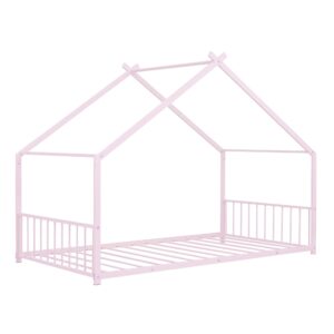 KTATK Metal Twin Size House Bed with Roof and Slats Support,Playhouse Design Montessori Floor Bed Frame W/Headboard & Footboard,No Box Spring Needed,for Kids Girls Boys,Pink