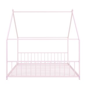 KTATK Metal Full Size House Bed with Roof and Slats Support,Playhouse Design Montessori Floor Bed Frame W/Headboard & Footboard,No Box Spring Needed,for Kids Girls Boys,Pink