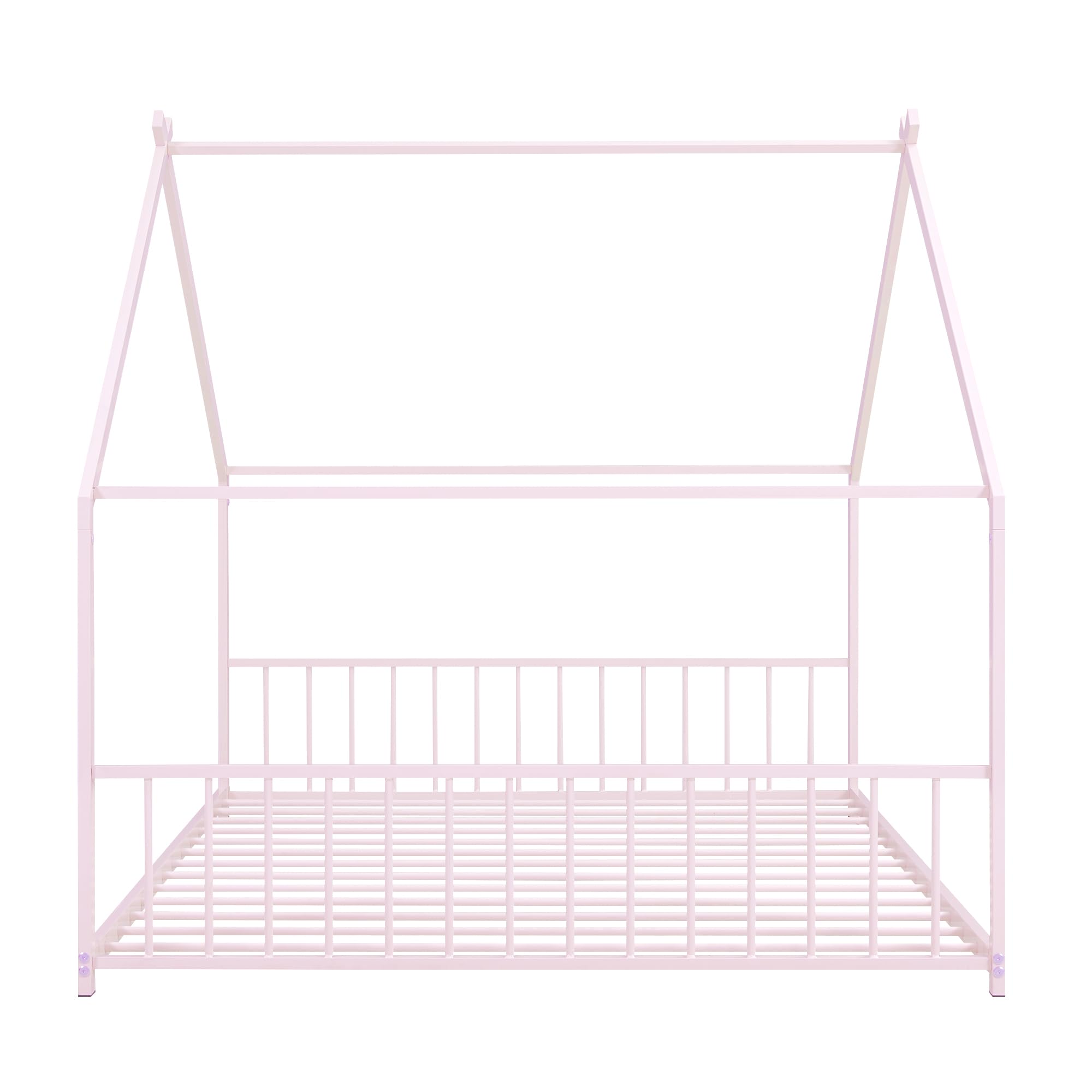 KTATK Metal Full Size House Bed with Roof and Slats Support,Playhouse Design Montessori Floor Bed Frame W/Headboard & Footboard,No Box Spring Needed,for Kids Girls Boys,Pink