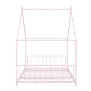 KTATK Metal Twin Size House Bed with Roof and Slats Support,Playhouse Design Montessori Floor Bed Frame W/Headboard & Footboard,No Box Spring Needed,for Kids Girls Boys,Pink