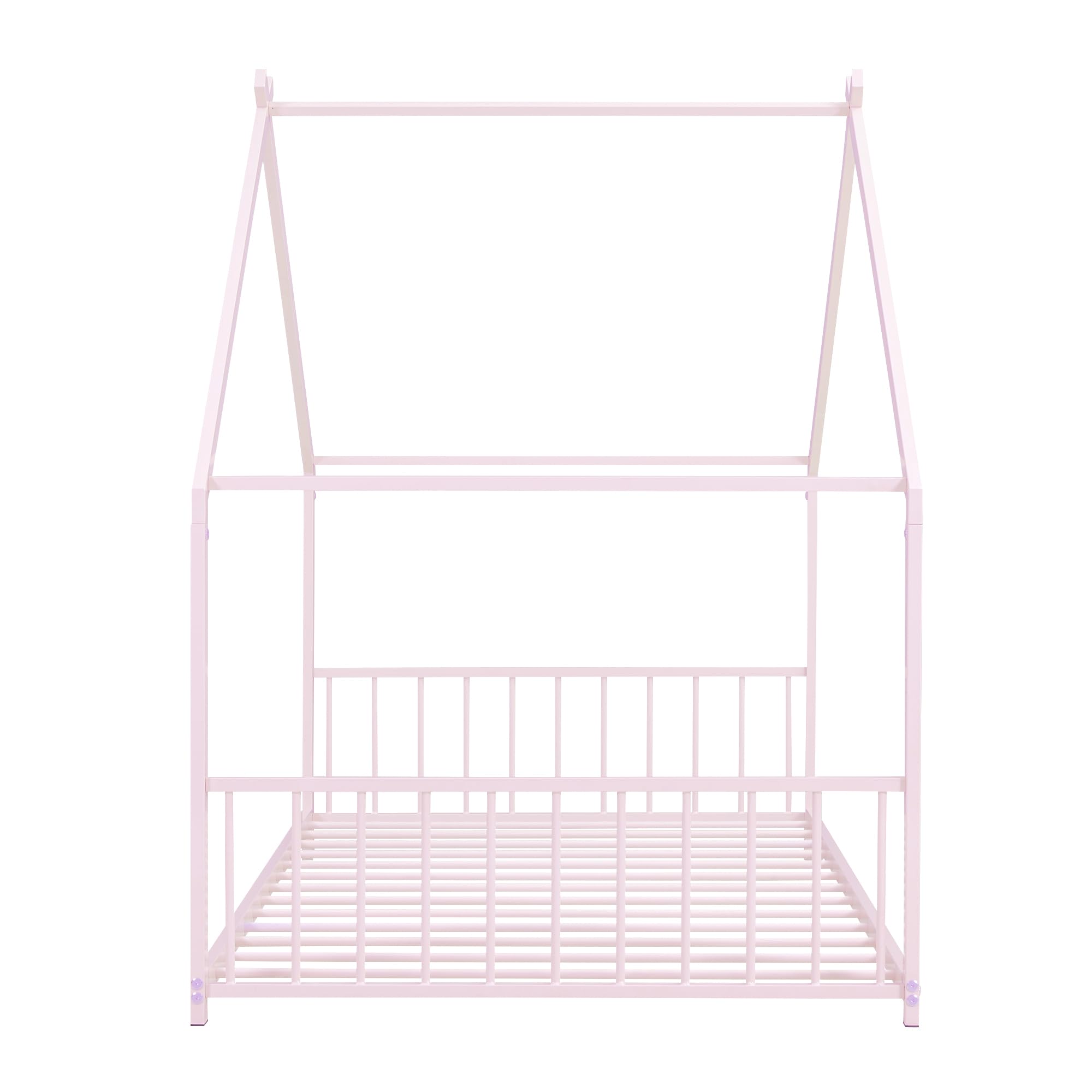 KTATK Metal Twin Size House Bed with Roof and Slats Support,Playhouse Design Montessori Floor Bed Frame W/Headboard & Footboard,No Box Spring Needed,for Kids Girls Boys,Pink