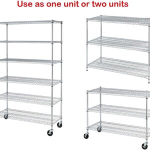 YRLLENSDAN 6000Lbs Capacity Adjustable Storage Shelves Heavy Duty Shelving Unit 6 Tier Metal Shelving with Wheels NSF Wire Shelving (48" W x 18" D x 72" H,Chrome)