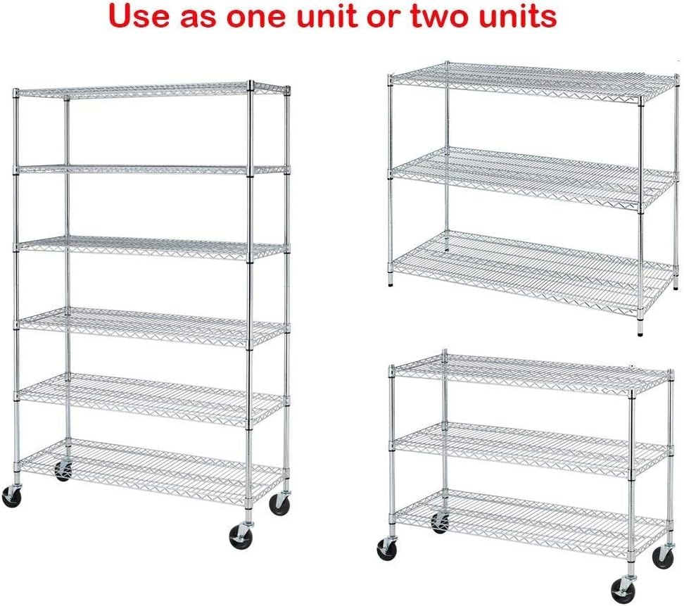 YRLLENSDAN 6000Lbs Capacity Adjustable Storage Shelves Heavy Duty Shelving Unit 6 Tier Metal Shelving with Wheels NSF Wire Shelving (48" W x 18" D x 72" H,Chrome)