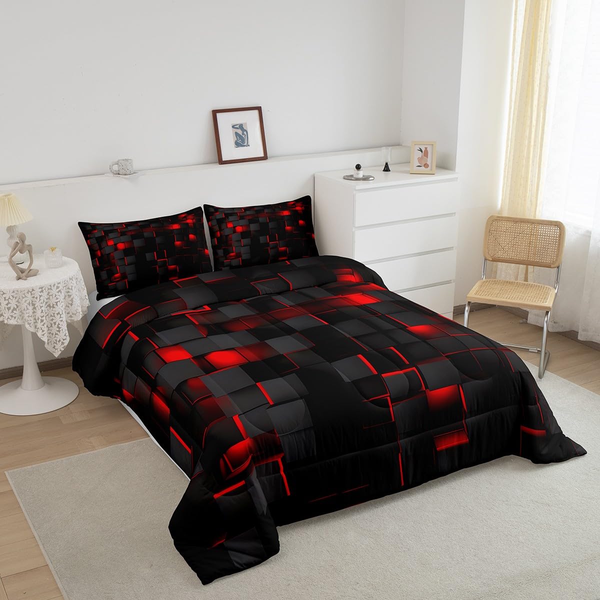 Feelyou Red and Black Bedding Set King Size Light Geometric Comforter Set for Kids Boys Girls Geometry Decor Comforter Modern Duvet Set