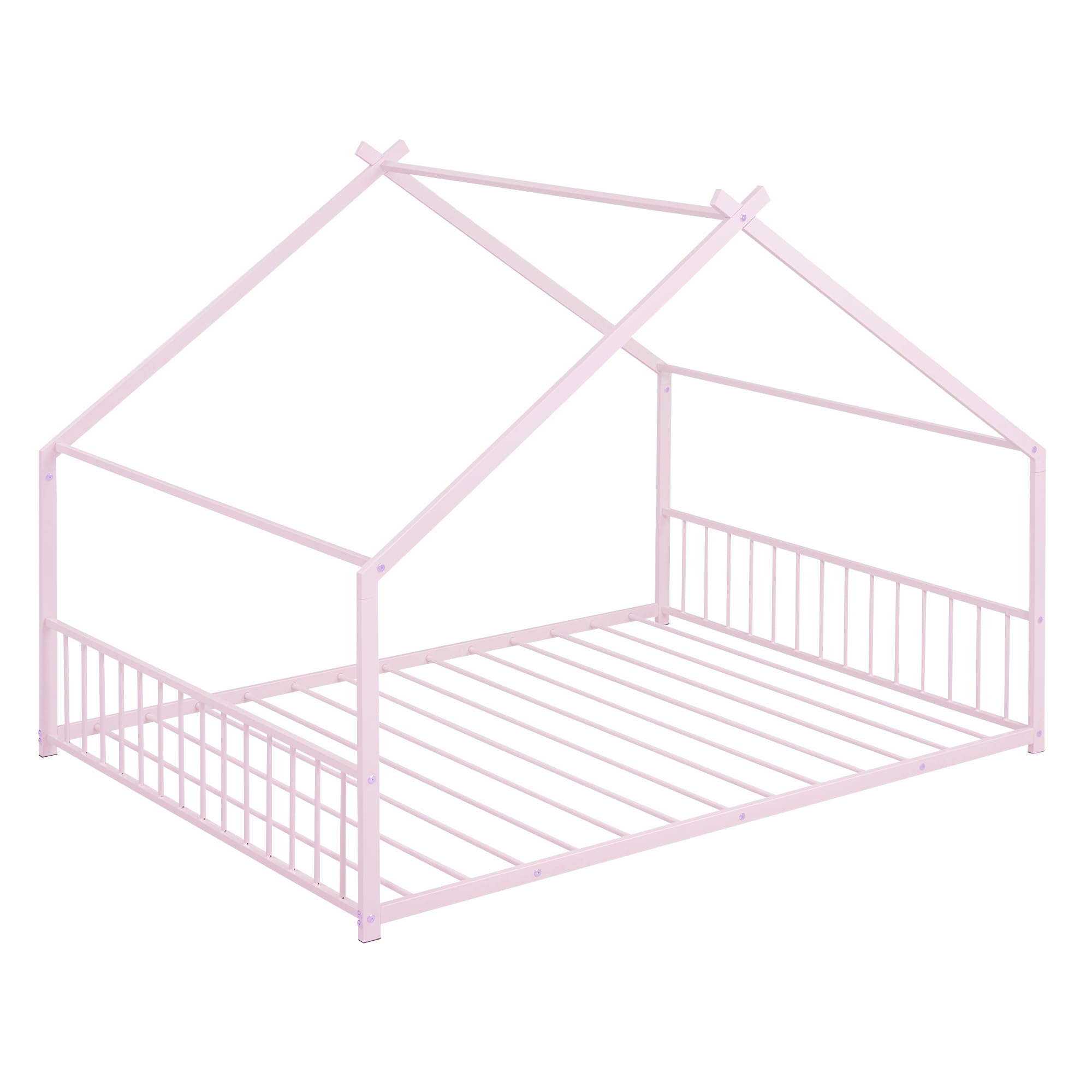 KTATK Metal Full Size House Bed with Roof and Slats Support,Playhouse Design Montessori Floor Bed Frame W/Headboard & Footboard,No Box Spring Needed,for Kids Girls Boys,Pink