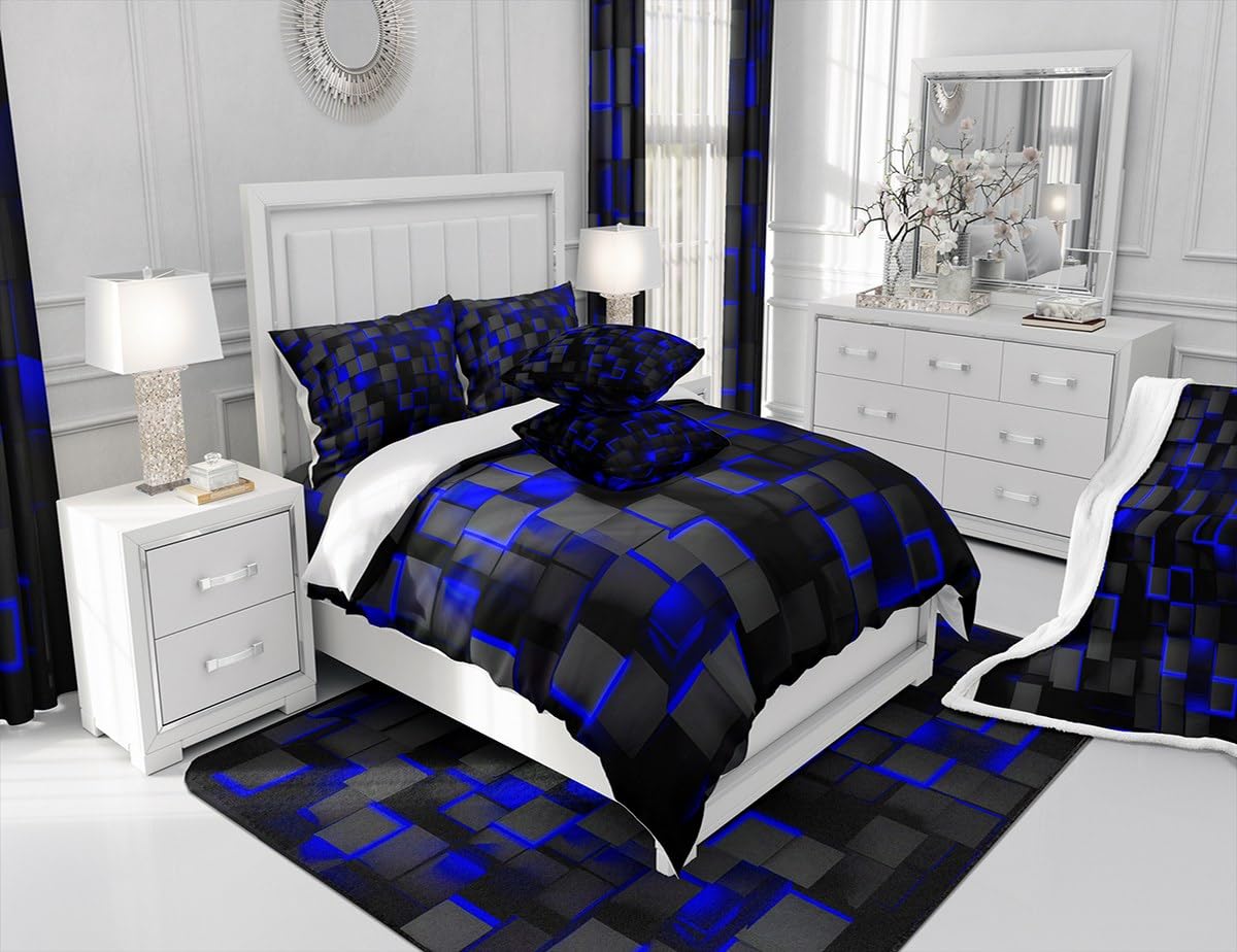 Feelyou Blue and Black Bedding Duvet Cover Set 100% Cotton Full Size Light Geometric Bedding Set for Kids Boys Girls Geometry Decor Comforter Cover Set Modern Style Bedspread Cover