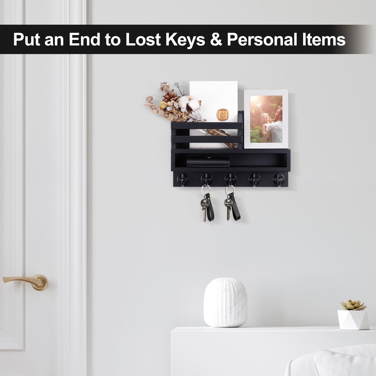 Lucundm Key and Mail Holder Wall Mount, Key Hanger with Long Storage Box and 5 Hooks for Coat, Dog Leash, Home Decor Rack, House Accessories, Entry Way Organizer 11.8”W x 7.8”H x 3.2”D