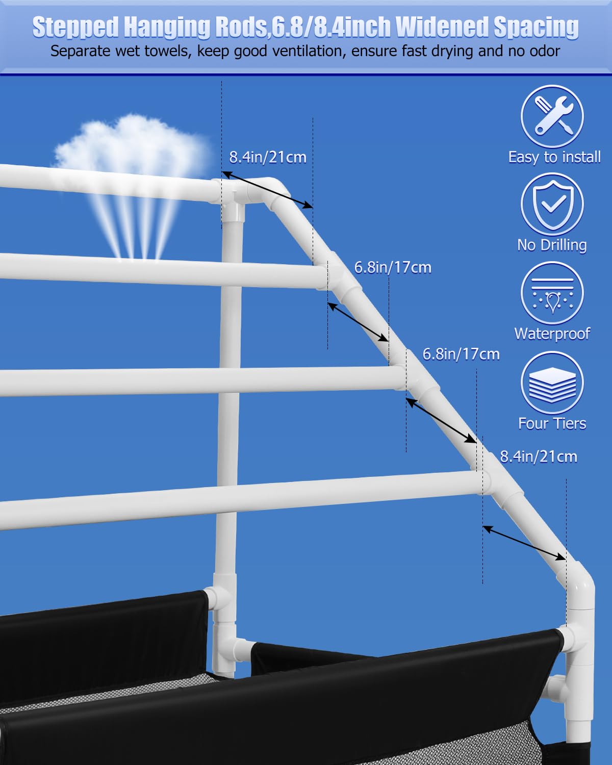 Heavy Duty Outdoor Towel Rack,Hutigertech 4 Tier Freestanding Poolside Pipe Towel Rack with Towel Rack Net,Moveable Wheels and Installation Hammer for Beaches,Swimming Pools,Bathroom