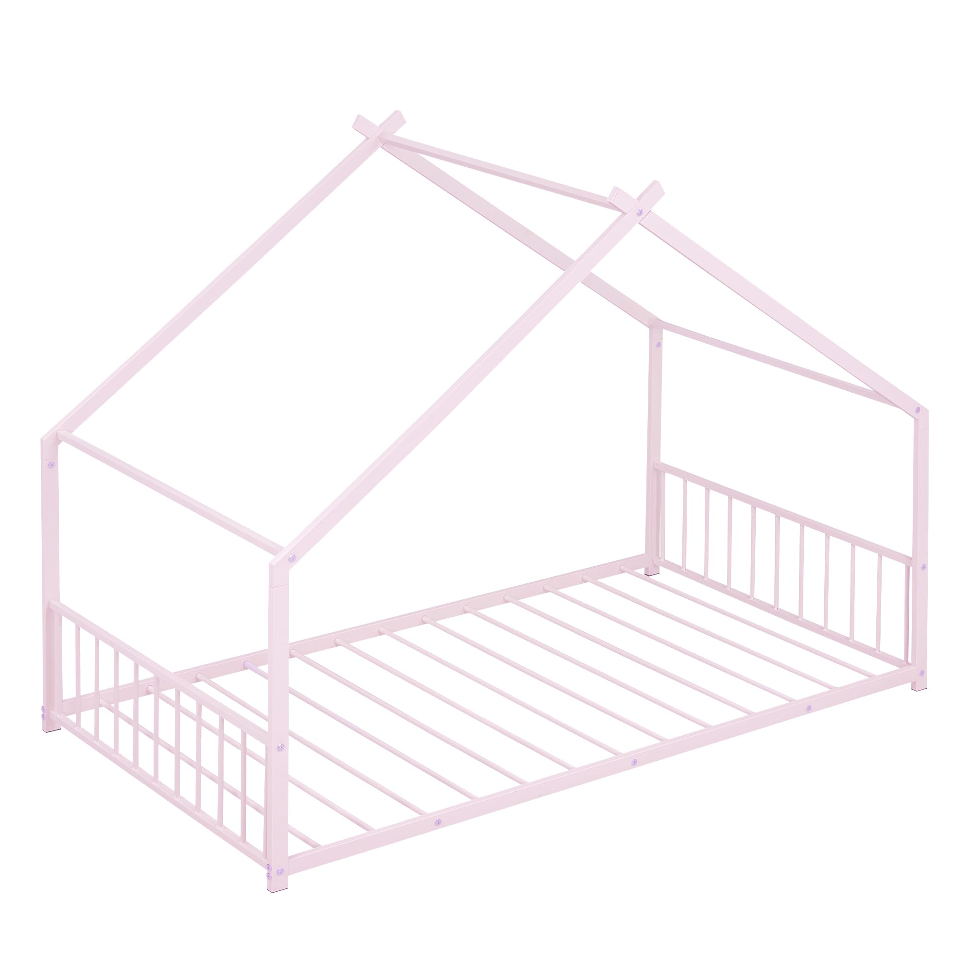 KTATK Metal Twin Size House Bed with Roof and Slats Support,Playhouse Design Montessori Floor Bed Frame W/Headboard & Footboard,No Box Spring Needed,for Kids Girls Boys,Pink