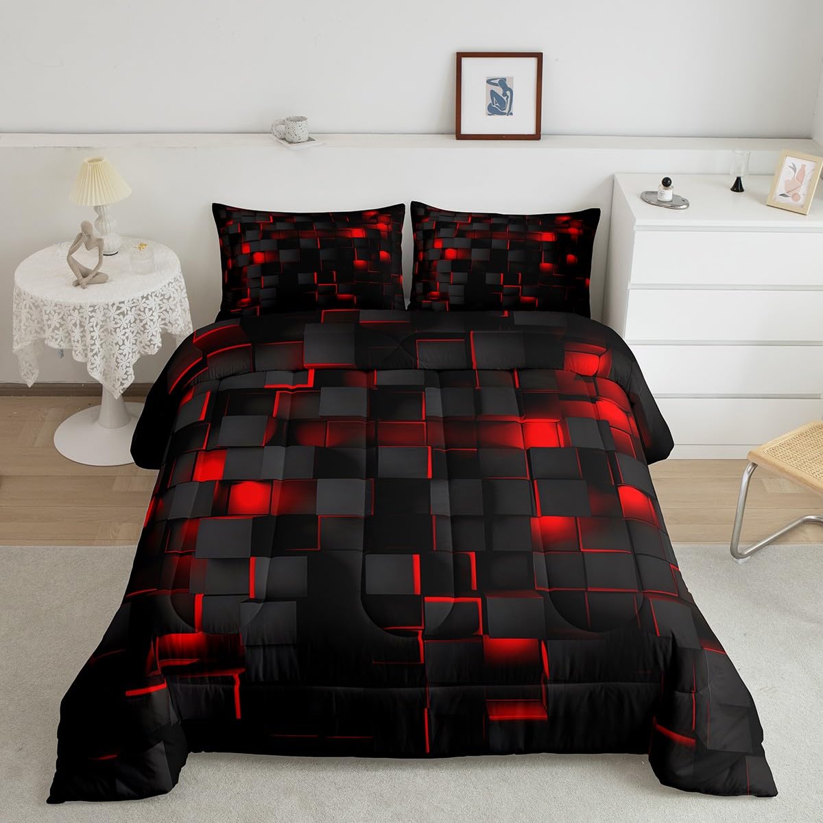 Feelyou Red and Black Bedding Set King Size Light Geometric Comforter Set for Kids Boys Girls Geometry Decor Comforter Modern Duvet Set