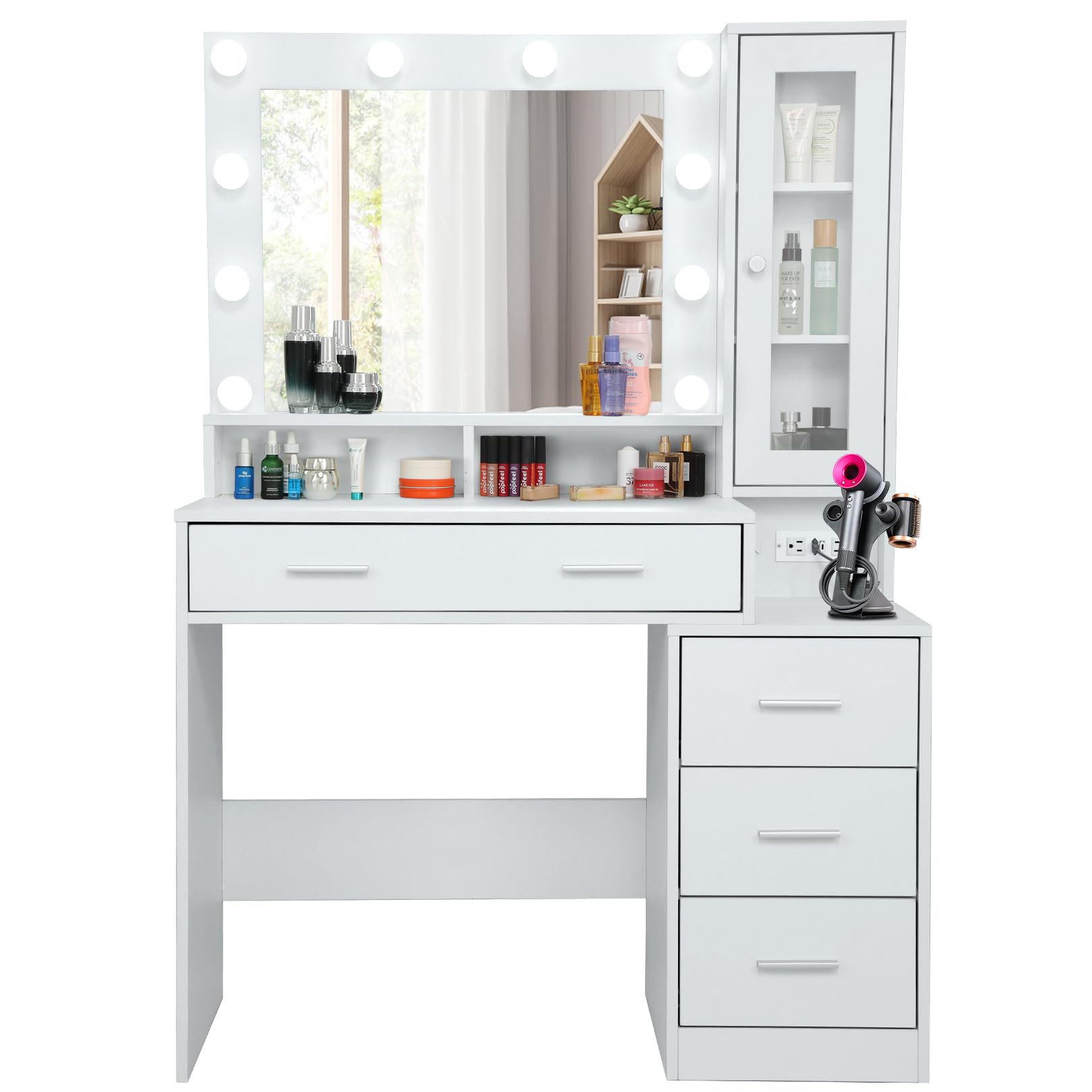 Vanity Desk with Mirror and Lights - White Vanity Table with Power Strip, 4 Drawers and Display Cabinet, 39.5'' Bedroom Makeup Desk with Nightstand and Tabletop Shelf, Brightness Adjustable