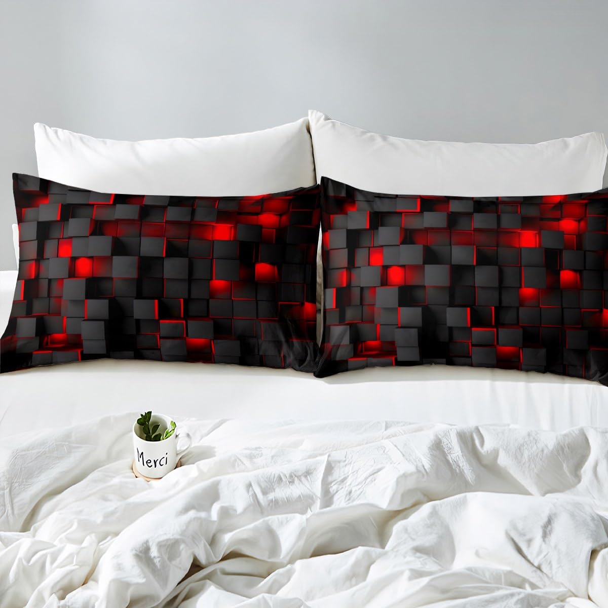 Feelyou Red and Black Bedding Set King Size Light Geometric Comforter Set for Kids Boys Girls Geometry Decor Comforter Modern Duvet Set