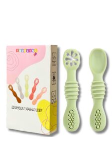 toddling silicone baby spoon set, infant spoon 3-12 months, self-feeding spoon, dishwasher and microwave safe, first stage baby led weaning spoon, set of 2 (spoon & pre-spoon) (sage), 2.5x11