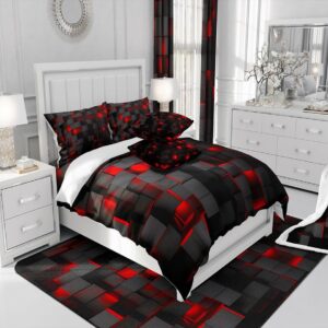 Feelyou Red and Black Bedding Set King Size Light Geometric Comforter Set for Kids Boys Girls Geometry Decor Comforter Modern Duvet Set