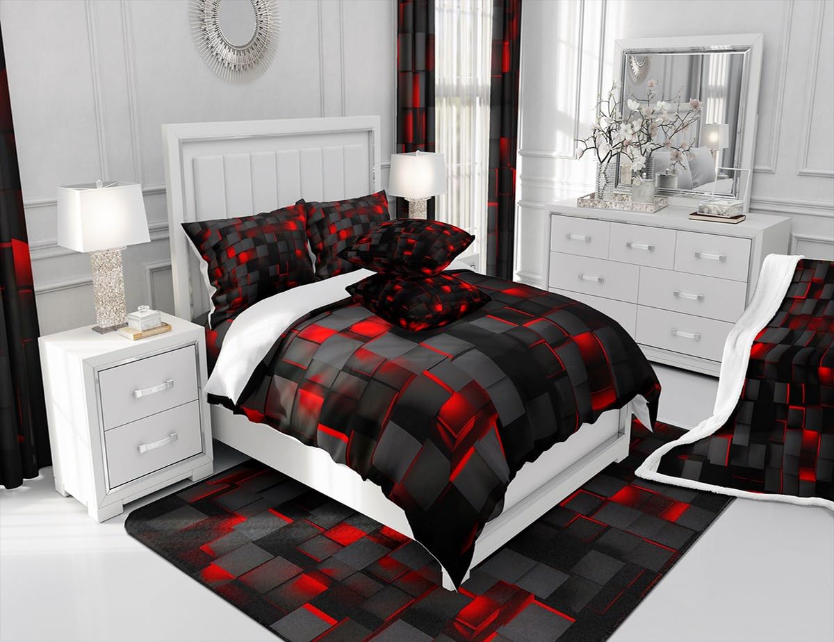 Feelyou Red and Black Bedding Set King Size Light Geometric Comforter Set for Kids Boys Girls Geometry Decor Comforter Modern Duvet Set