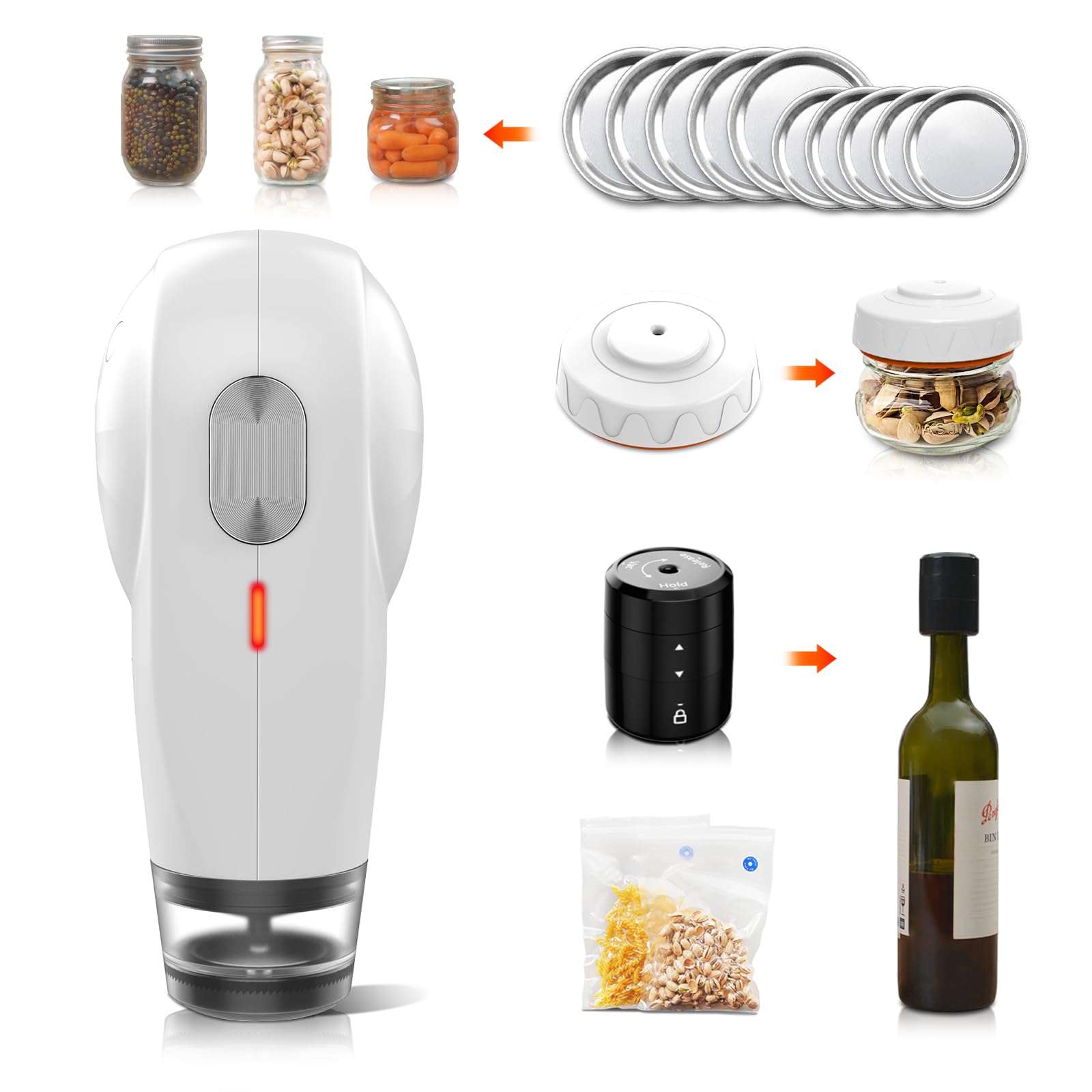 Electric Vacuum Sealer Kit, All in One for Mason Jars, Bags, and Wine Bottles, ideal for food storage, beverage saver, meal prep, pickling and preserving