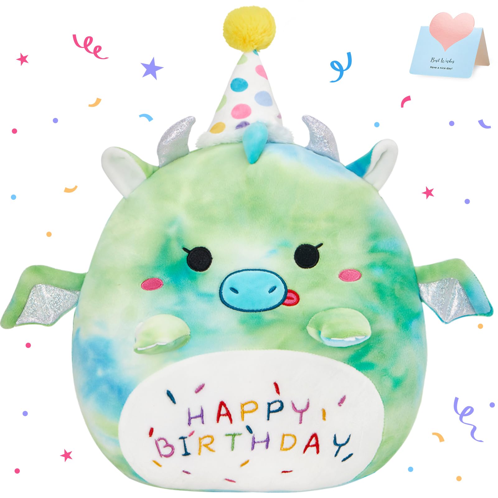 BSTAOFY 15'' Cute Happy Birthday Dinosaur Soft Plush Pillow Green Dinosaur Birthday Stuffed Animal Gifts for Boys Girls Baby Kids