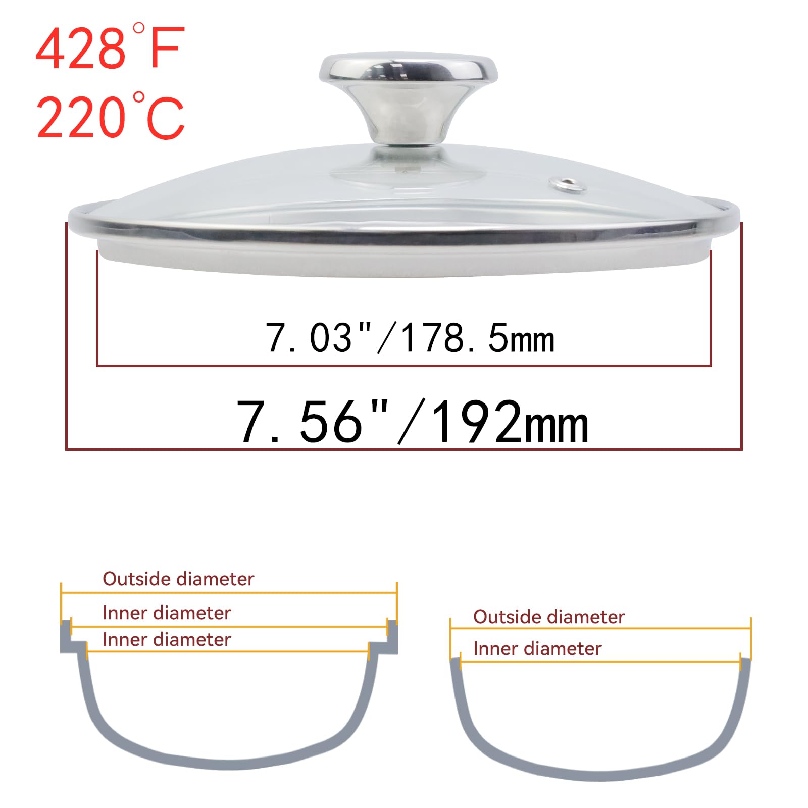 Tsnamay 7 Inch Clear Glass Pot Lid for Frying Pan Replacement Cover Can Withstand 428°F (220℃) with Stainless Steel Knobs,Round Knobs Polished Silver