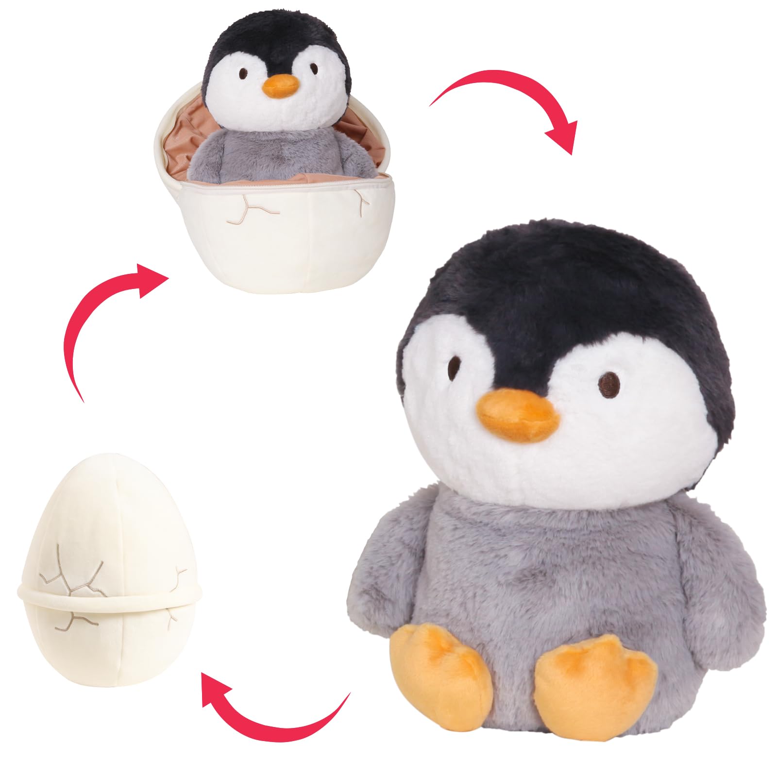 2024 New Penguin Egg Plush Pillow, 13in Surprise Zip-Up Egg Hideaway Penguin Stuffed Animal, Cute Stuffed Toys for Boys and Girls Birthday, (Penguin+Egg)