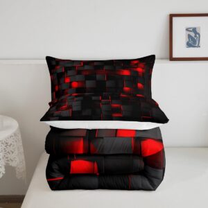 Feelyou Red and Black Bedding Set King Size Light Geometric Comforter Set for Kids Boys Girls Geometry Decor Comforter Modern Duvet Set