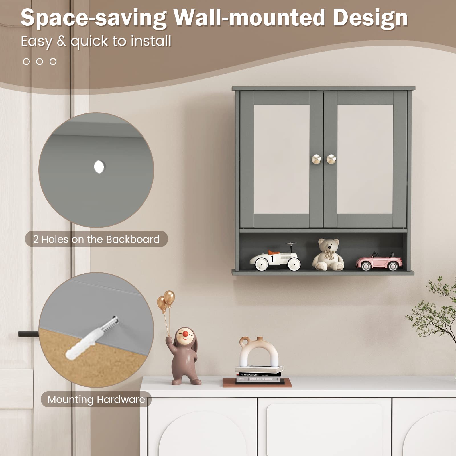 Byroce Bathroom Medicine Cabinet, Bathroom Wall Cabinet with 2 Mirror Doors & Adjustable Shelf, Over Toilet Storage, Wood Wall Mounted Storage Cabinet for Laundry Room, Living Room, Kitchen (Grey)