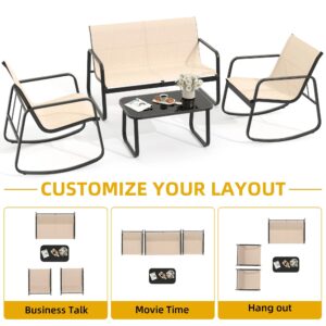 DWVO 4 Piece Patio Furniture Set, Outdoor Conversation Sets for Patio, Lawn, Garden, Poolside with Rocking Chair Set of 2 and Glass Coffee Table - Brown