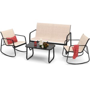 dwvo 4 piece patio furniture set, outdoor conversation sets for patio, lawn, garden, poolside with rocking chair set of 2 and glass coffee table - brown