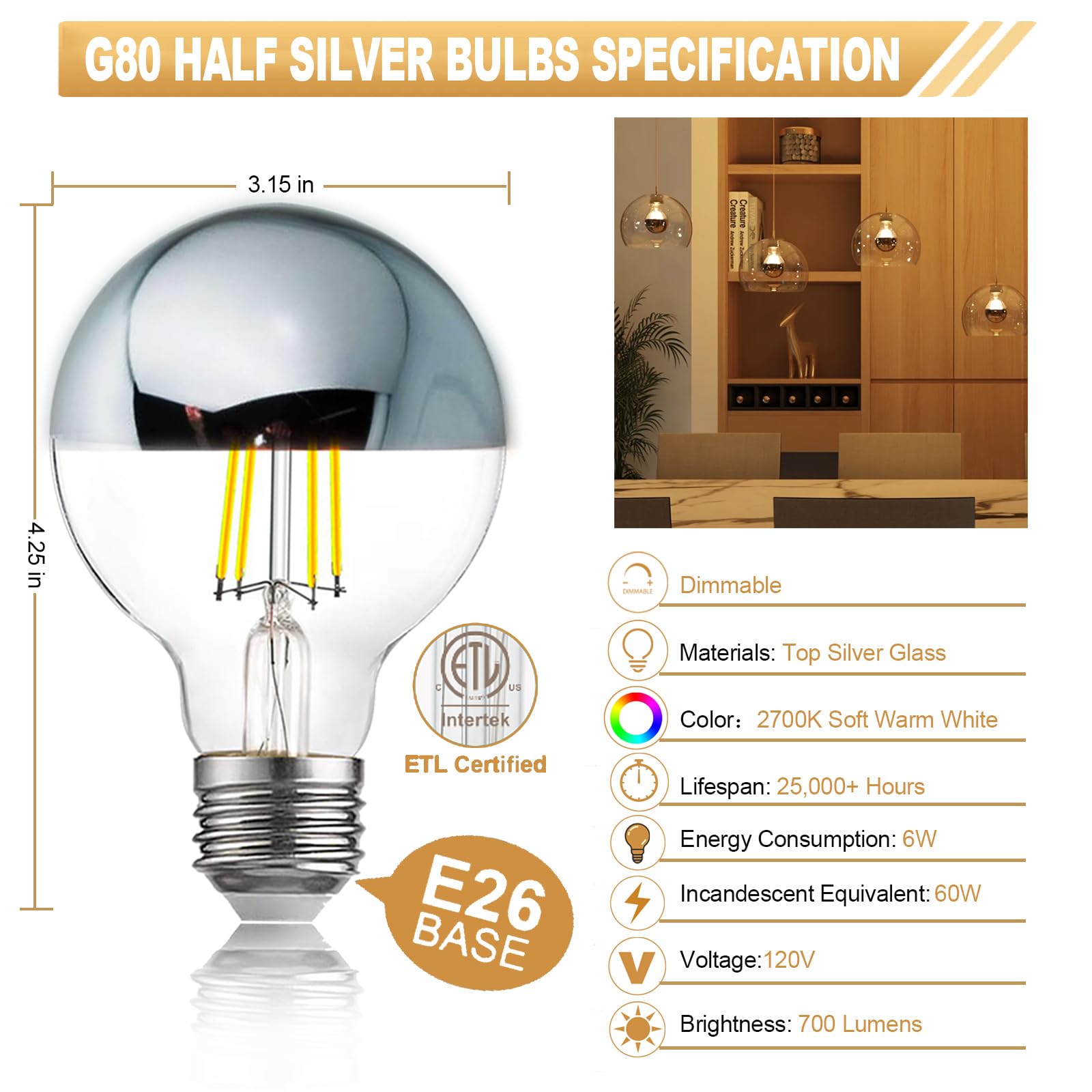 XOFOQYQ G25/G80 E26 6W Dimmable Half Silver Chrome Globe Light Bulbs 60 Watt Equivalent, Light Bulbs 60 Watt Soft White 2700K, Bathroom Vanity Mirror Round LED Edison Decorative Light Bulbs 4 PCS