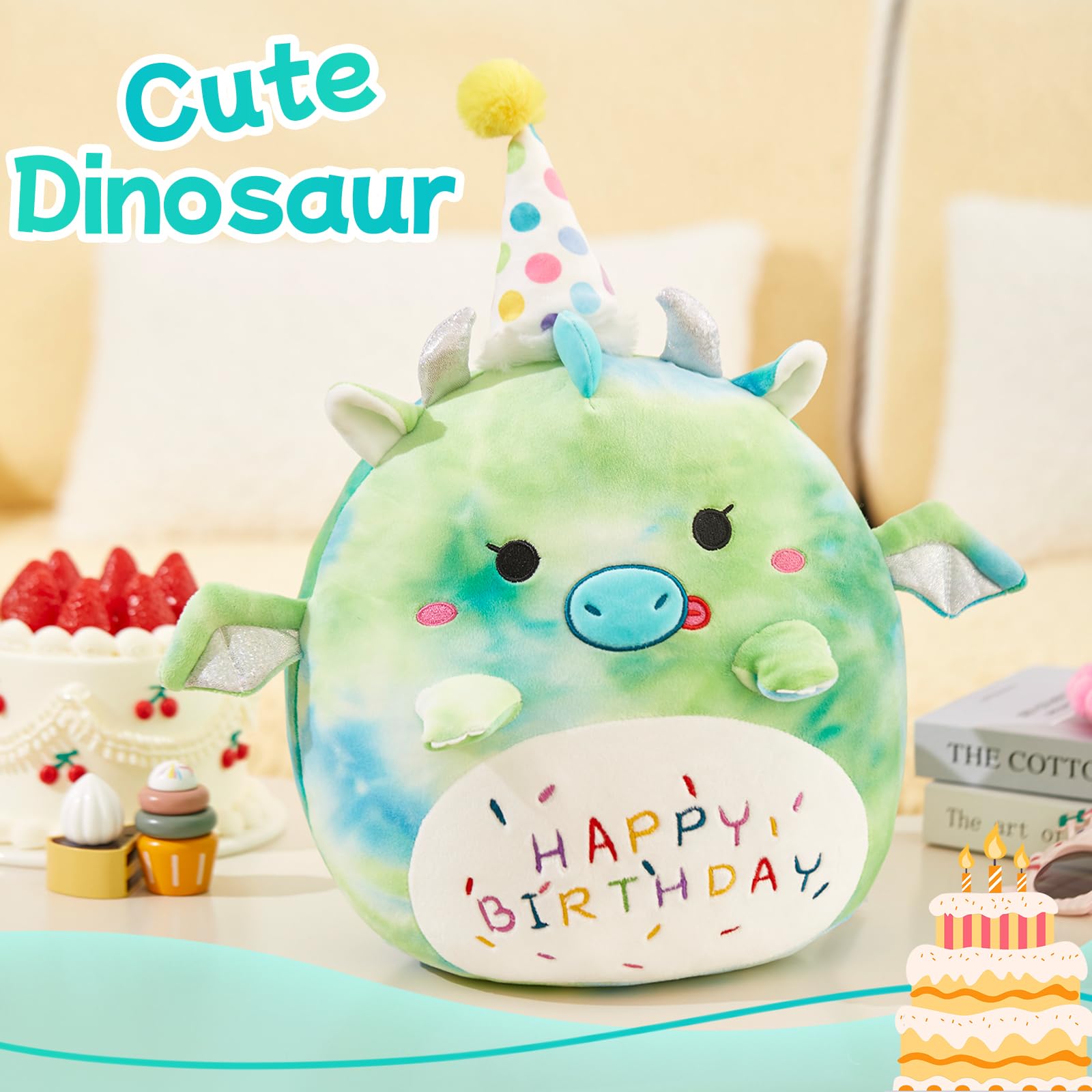 BSTAOFY 15'' Cute Happy Birthday Dinosaur Soft Plush Pillow Green Dinosaur Birthday Stuffed Animal Gifts for Boys Girls Baby Kids