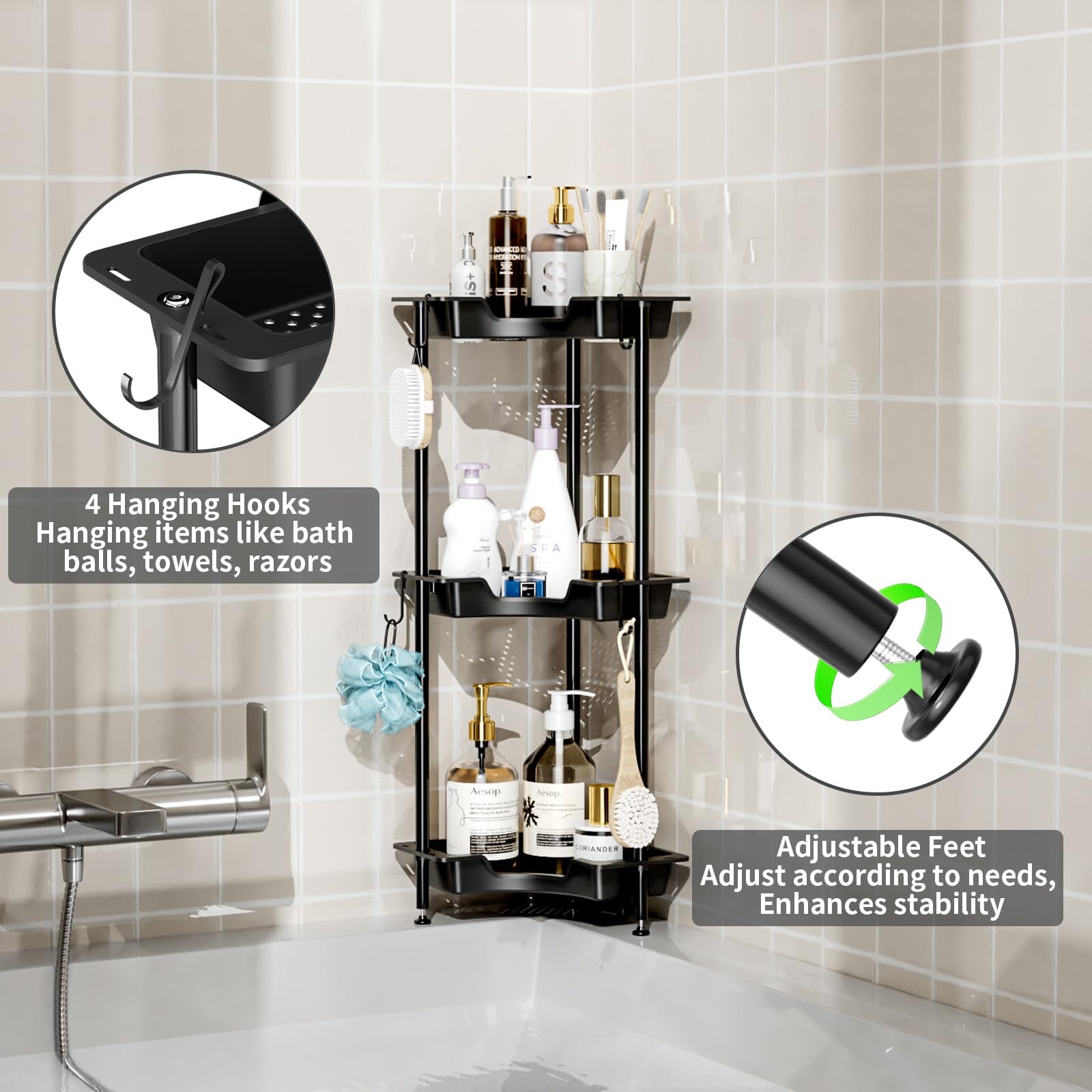 SWTYMIKI Corner Shower Caddy Standing - 3 Tier Rust Proof Floor Standing Shower Organizer with 4 Hooks, Waterproof Corner Stand Shower Shelf Storage Rack for Bathroom, Bathtub, Black