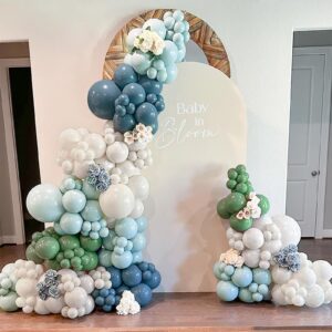 dusty blue sage green balloon garland kit olive green grey white baby blue latex balloons boho balloon arch kit for gender neutral baby shower birthday bridal wedding party decoration