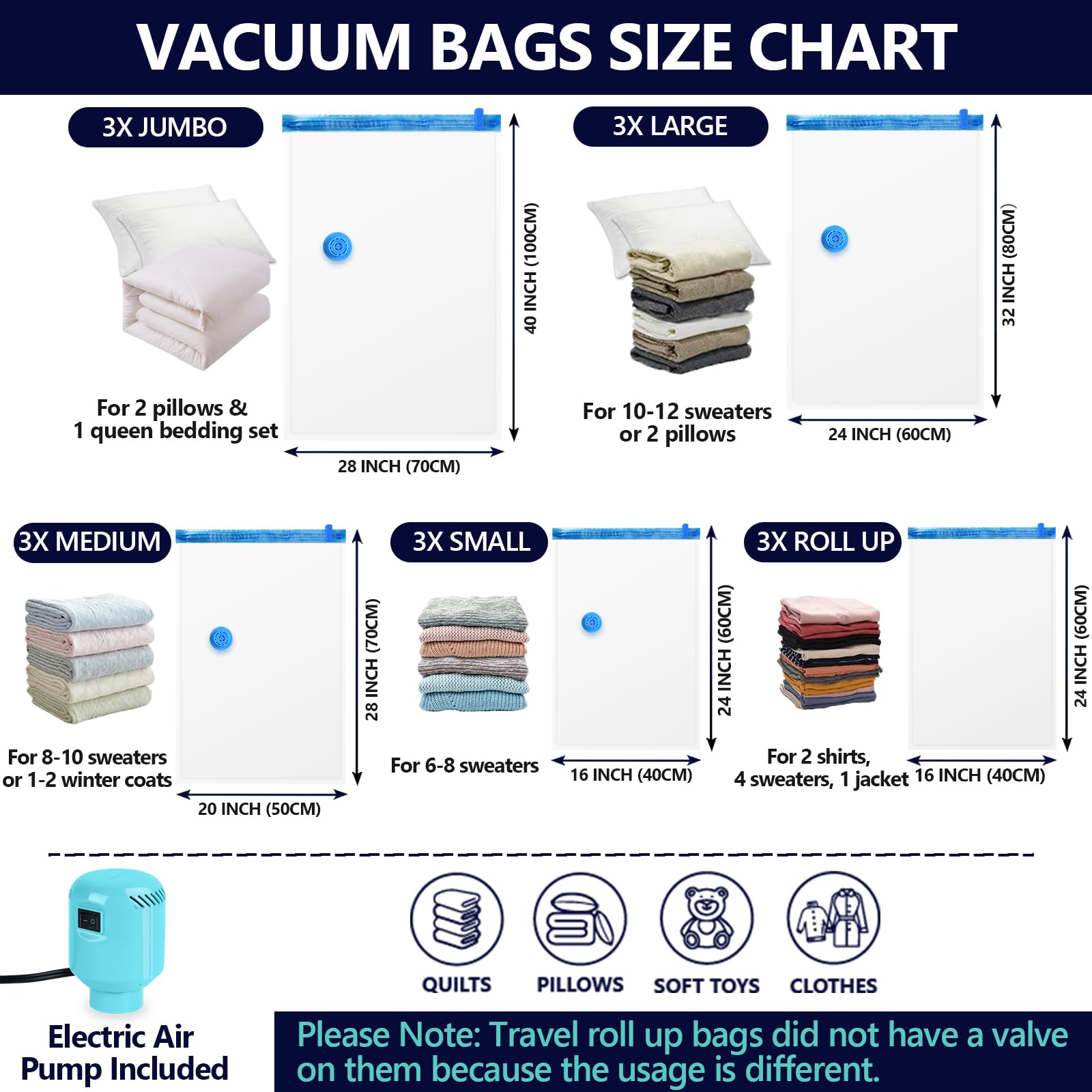 BAMCOO Vacuum Seal Bags for Clothing with Electric Pump, 15 Pack (3 Jumbo 3 Large 3 Medium 3 Small 3 Roll Up Vacuum Bags) Space Bags Vacuum Storage Bags for Travel, Luggage, Blankets, Bedding