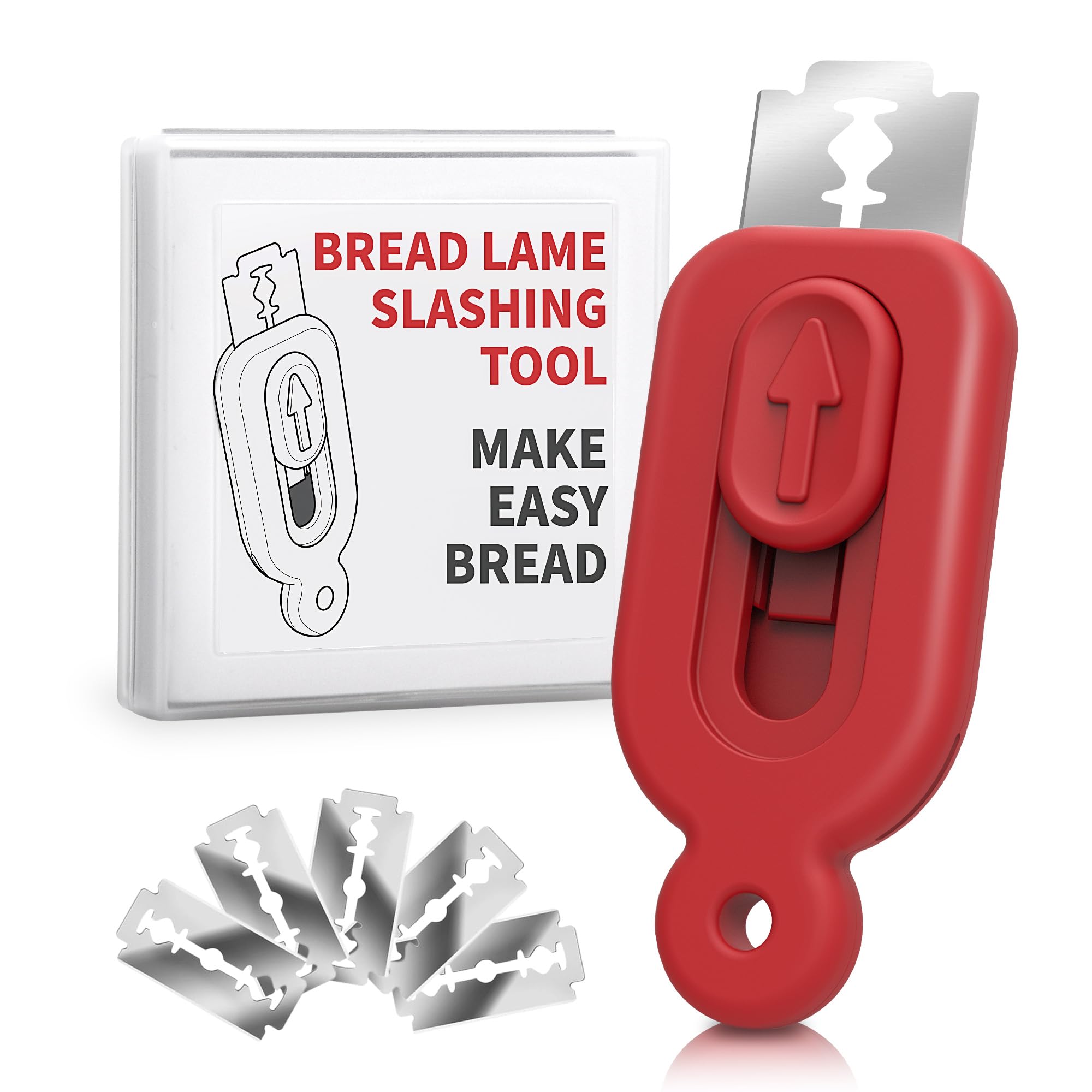 Flelano Bread Lame, Magnetic Bread Lame Dough Scoring Tool, Bread Scoring Knife for Homemade Bread, Dough Cutter Slashing Razor Tool with 1Bread Making Scoring Patterns Booklet, 5 Razor Blades, Red