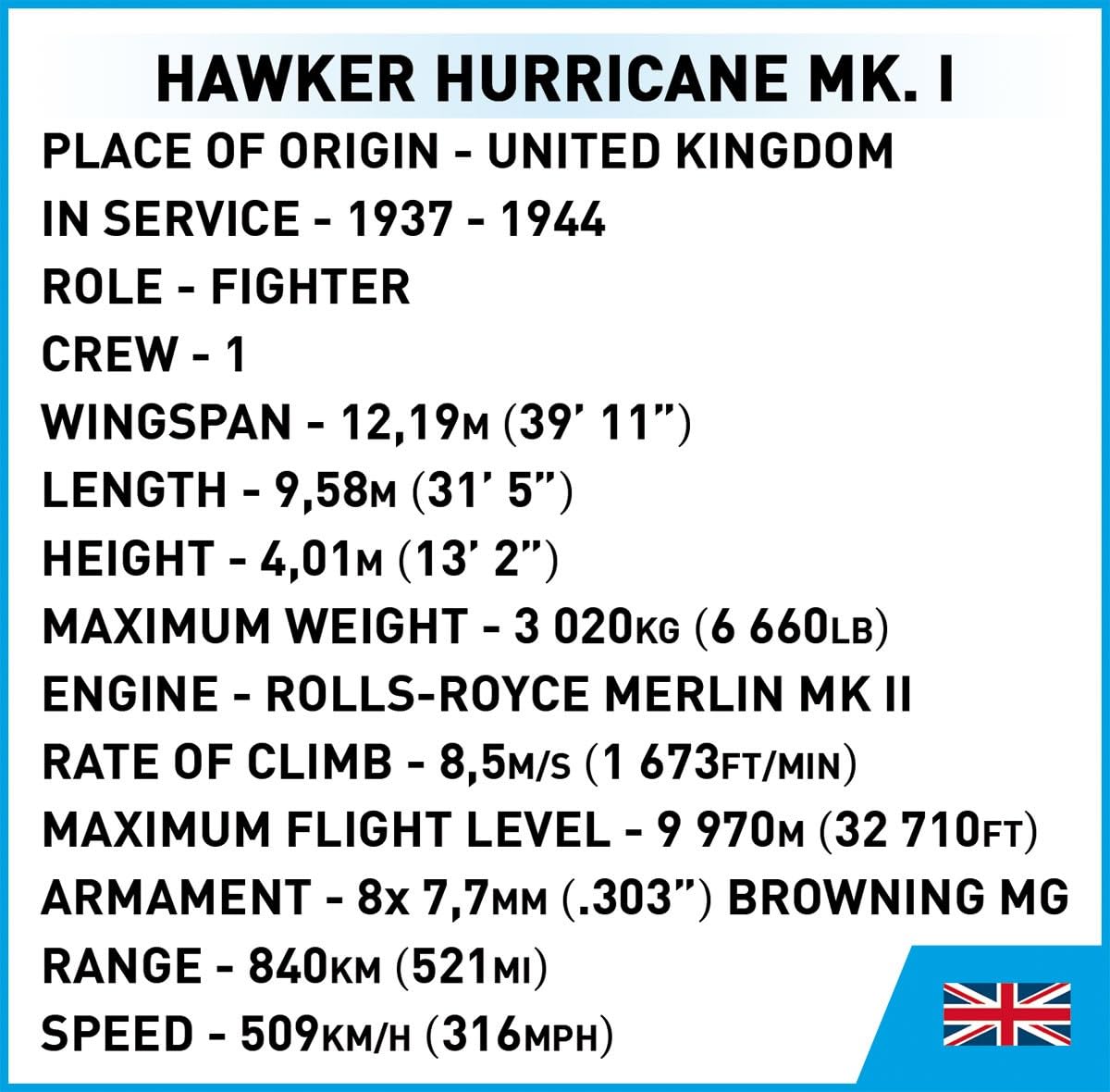 COBI Historical Collection WWII Hawker Hurricane Mk. I Plane