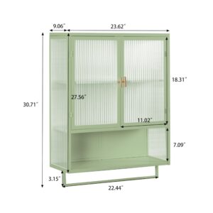 Royard Oaktree Metal Wall Cabinet with Glass Doors Wall Mounted Storage Cabinet with Open Shelf and Towel Bar Modern Medicine Cabinet for Kitchen Bathroom Living Room, Green