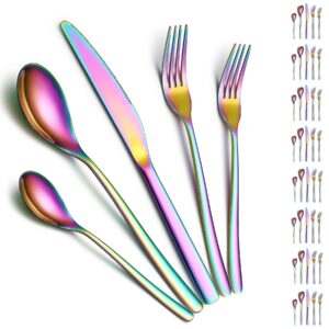 silverware set 40 pieces service for 8, reanea rainbow flatware set, titanium plating cutlery set include dinner knives, dinner spoons, dinner forks, teaspoons, salad forks, dishwasher safe