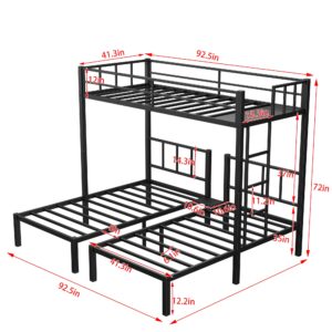 Black Metal Triple Bunk Beds Frame, Twin Over Twin & Twin Bunk Bed with Guardrails, Can Be Separated into 3 Twin Beds for Kids, Teens, Adults, No Box Spring Needed