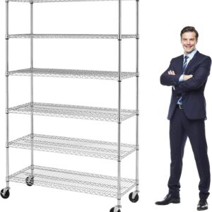 YRLLENSDAN 6000Lbs Capacity Adjustable Storage Shelves Heavy Duty Shelving Unit 6 Tier Metal Shelving with Wheels NSF Wire Shelving (48" W x 18" D x 72" H,Chrome)