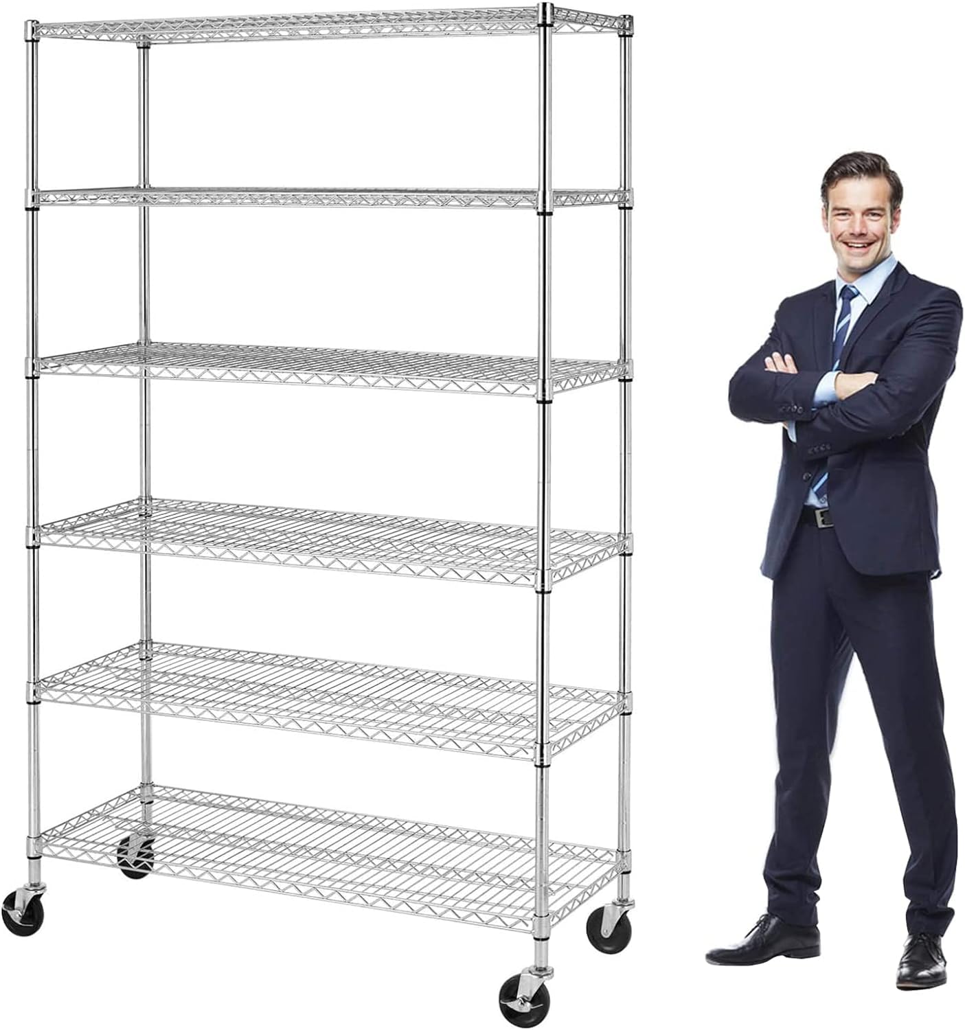 YRLLENSDAN 6000Lbs Capacity Adjustable Storage Shelves Heavy Duty Shelving Unit 6 Tier Metal Shelving with Wheels NSF Wire Shelving (48" W x 18" D x 72" H,Chrome)