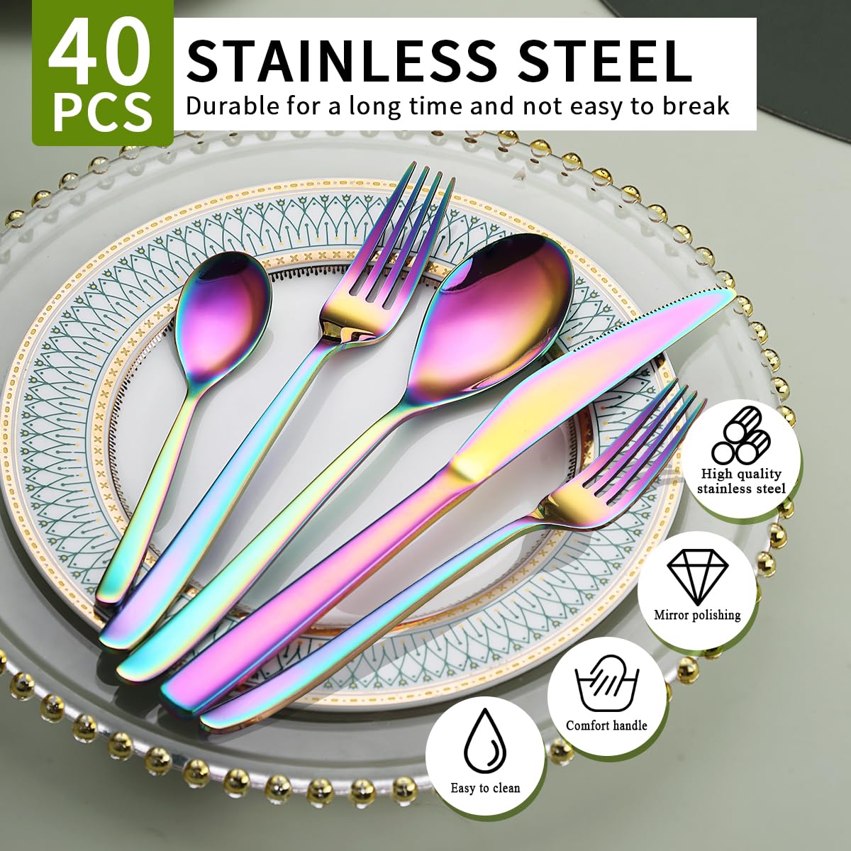 Silverware Set 40 Pieces Service for 8, ReaNea Rainbow Flatware Set, Titanium Plating Cutlery Set Include Dinner Knives, Dinner Spoons, Dinner Forks, Teaspoons, Salad Forks, Dishwasher Safe