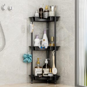 swtymiki corner shower caddy standing - 3 tier rust proof floor standing shower organizer with 4 hooks, waterproof corner stand shower shelf storage rack for bathroom, bathtub, black