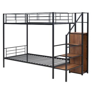 Metal Twin Over Twin Bunk Bed with Lateral Storage Ladder and Wardrobe,for Kids Teens Adults Bedroom Use (Black@Wardrobe-, Twin Over Twin)