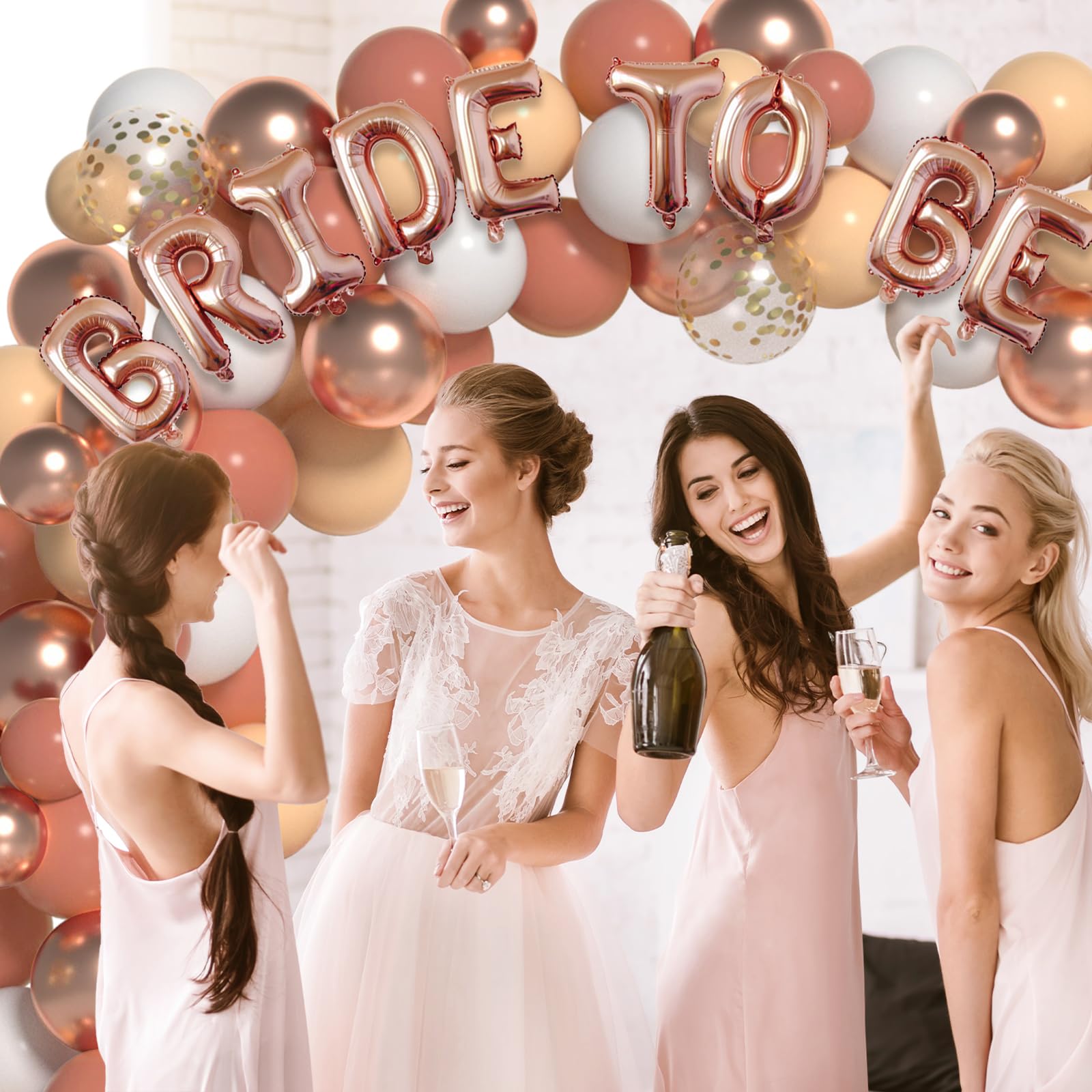 Bachelorette Party Decorations, LYVEEF Rose Gold Bridal Shower Decor, 111 PCS Blush Pink Balloons Garland Arch Kit with Bride To Be Balloons, Confetti Balloons, DIY Marquee Light Up Ring and Backdrop